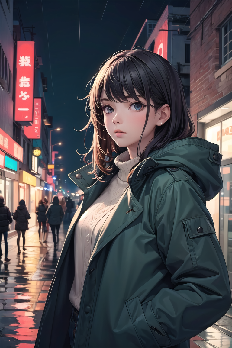 377969-3296778107-((upper body)) (masterpiece, best quality1.2), highres,  (extremely intricate), 1girl,night city,rain,coat,hands in pockets,.png